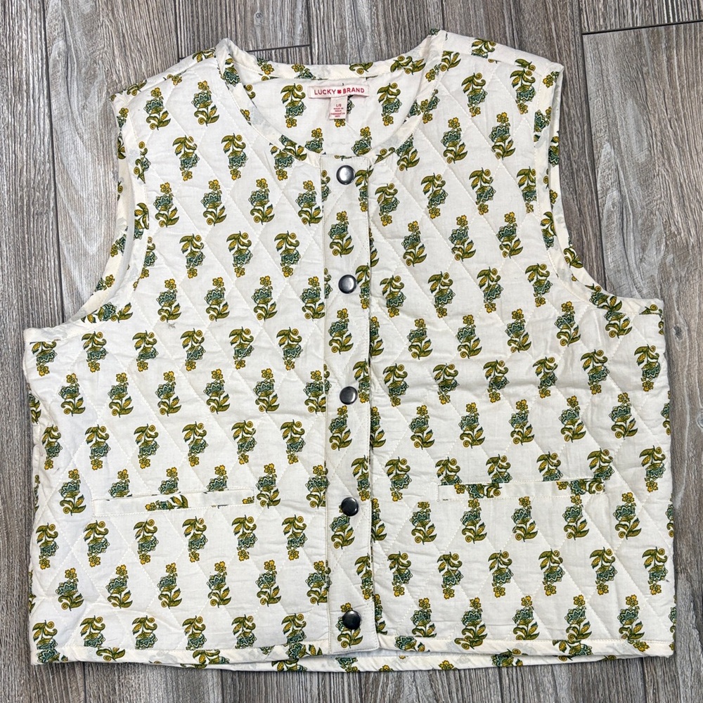 Lucky Brand Cream Quilted Vest with Olive Floral Print